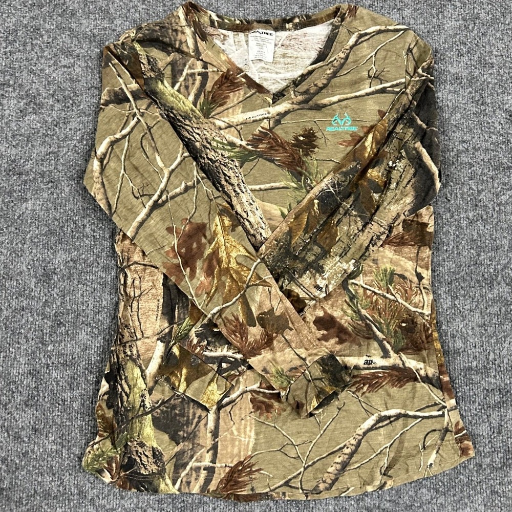 Realtree Shirt Womens Size L Brown Camo V-Neck Long Sleeve AP Pattern TS1221